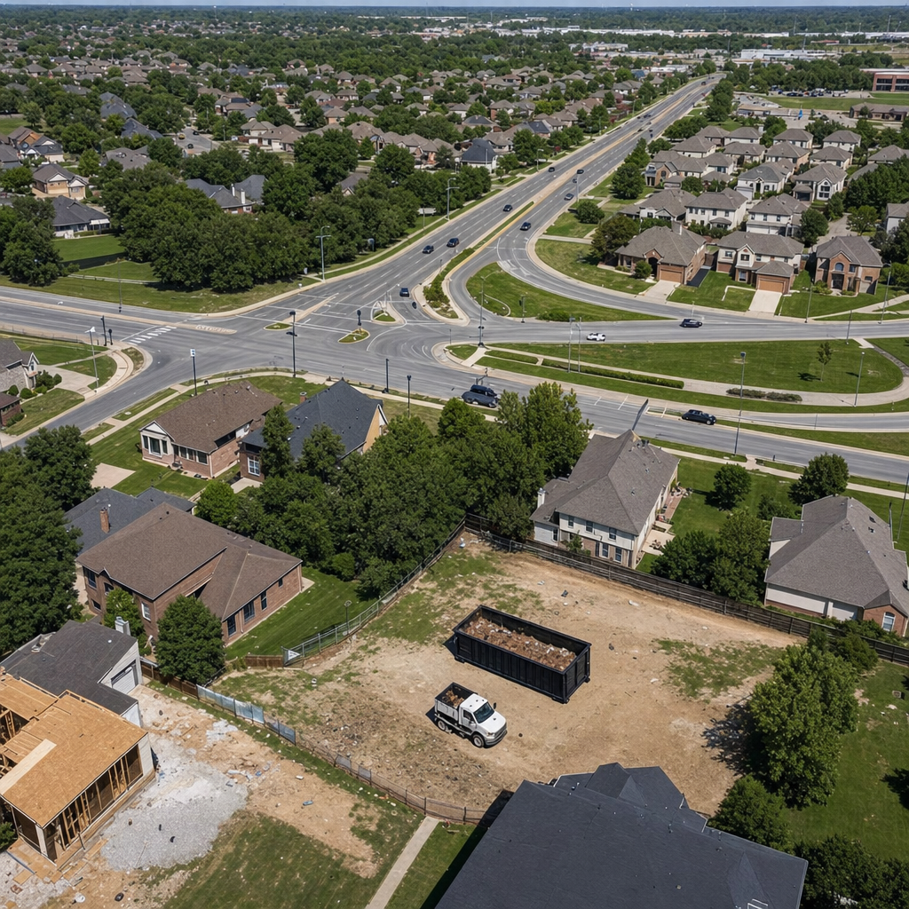 An overhead documentary view of the Shreveport metro area at midday, showing the spread of neighborhoods, arterial roads, and the dispatch radius from a central yard — clean daylight, organized geographic layout.